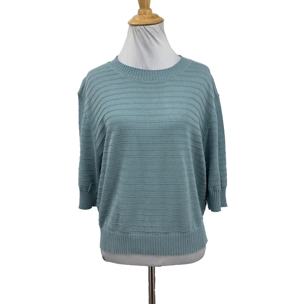 Frye Sweater Women XL Extra Large Blue Cotton Short Sleeve Knit Cropped Pullover